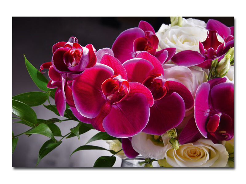 Wandbild – Bouquet von Orchideen und Rosen