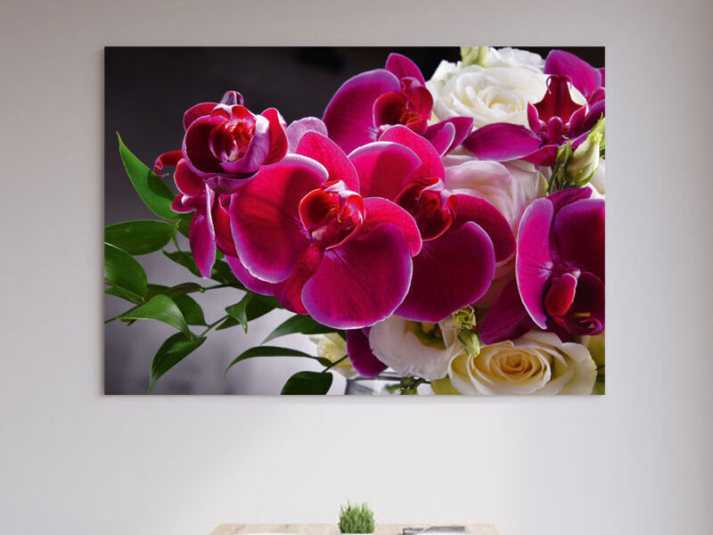 Wandbild – Bouquet von Orchideen und Rosen