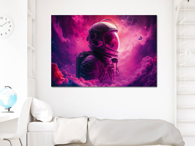 Wandbild – Astronaut im lila Nebel